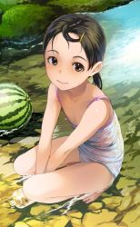 1girl bare_arms bare_legs bare_shoulders barefoot black_hair bottle brown_eyes brown_hair day flat_chest food forehead fruit hair_ornament hairclip highres loli looking_at_viewer nipple_slip nipples original outdoors river sody solo squatting stream underwear wading water watermelon wet rating:Questionable score:179 user:danbooru