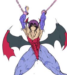  abs bat_wings breasts capcom chain cleavage demon_girl flat_chest purple_hair lilith_aensland muscular purukogi_(plasma_beach) red_eyes demon_girl sweat vampire_(game) wings  rating:Questionable score:16 user:whoisthisguy