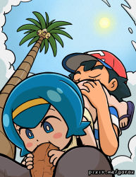  1boy 1girl 69 age_difference alolan_exeggutor alolan_form ash_ketchum black_hair black_pants blue_eyes blue_hair blue_sky blunt_bangs blush_stickers bottomless closed_eyes cloud cloudy_sky creatures_(company) cunnilingus fellatio flip-flops from_below game_freak garabato gen_7_pokemon hairband harper_(pokemon) hat hetero loli looking_at_another looking_down nintendo open_mouth oral outdoors pants penis pokemon pokemon_(anime) pokemon_sm_(anime) red_headwear sandals shirt sitting sky striped_clothes striped_shirt sun tank_top uncensored watermark web_address  rating:Explicit score:235 user:Domestic_Importer
