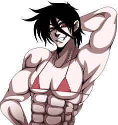  1boy alucard bikini black_hair crossdressing hellsing hikora male_focus muscular nude solo swimsuit vampire 