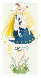 1girl absurdres animal animal_ears bad_id bad_pixiv_id barefoot blonde_hair bloomers blue_skirt blush calendar_(medium) commentary_request earrings full_body grey_background hair_ribbon highres holding holding_animal holding_rabbit jewelry long_hair looking_at_viewer moon_phases multicolored_hair original overskirt pleated_skirt rabbit rabbit_ears red_eyes red_ribbon ribbon september shiraho_(color-56) simple_background single_earring skirt solo standing star_(symbol) thick_eyebrows two-tone_hair underwear wheat white_bloomers white_hair wide_sleeves rating:Sensitive score:1 user:danbooru