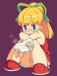 1girl blonde_hair blue_eyes blush capcom cleft_of_venus dress flat_chest hair_ribbon holding holding_clothes holding_panties holding_underwear knees_to_chest knees_together_feet_apart knees_up loli long_hair mega_man_(classic) mega_man_(series) nipples no_panties om_(nk2007) panties unworn_panties ponytail purple_background pussy ribbon roll_(mega_man) shoes simple_background sitting smile solo stain stained_panties uncensored underwear upskirt white_panties rating:Explicit score:189 user:sytalidis