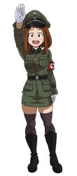  boku_no_hero_academia brown_eyes brown_hair hideyoshiao1 highres nazi salute straight-arm_salute thick_thighs thighs uraraka_ochako 