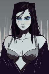  1girl bare_shoulders blue_eyeshadow bra breasts cleavage ergo_proxy eyeshadow grey_eyes long_hair makeup medium_breasts o-nce re-l_mayer simple_background solo underwear  rating:Questionable score:11 user:pprosetribar
