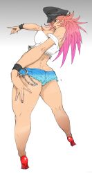  1girl ass breasts butt_crack capcom cuffs denim denim_shorts dimples_of_venus final_fight from_behind handcuffs hat high_heels highres kyuraa_(kyura9een) large_breasts lipstick long_hair makeup pink_hair poison_(final_fight) red_eyes shoes shorts simple_background solo wristband  rating:Sensitive score:37 user:blue_skys