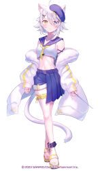  1girl absurdres ahoge animal_ear_fluff animal_ears arms_at_sides asymmetrical_legwear asymmetrical_sidelocks backwards_virgin_killer_sweater belt blue_eyes blush bridal_garter cat_ears cat_girl cat_tail clan_entertainment closed_mouth commentary_request crop_top crossed_legs dated full_body fur-trimmed_jacket fur_trim green_eyes grey_sweater hair_between_eyes hair_over_one_eye heterochromia highres holding holding_wand jacket kappe_reeka long_sleeves looking_at_viewer midriff necktie nyamashiro_soda nyantasia off_shoulder official_art pleated_skirt purple_belt purple_headwear purple_sailor_collar purple_shorts purple_skirt sailor_collar sanrio shirt short_hair shorts simple_background skirt sleeveless sleeveless_shirt slippers smile solo standing sweater tail virtual_youtuber wand watson_cross white_background white_hair white_jacket white_shirt yellow_necktie 