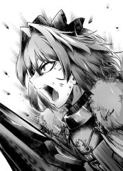  1boy armor astolfo_(fate) bow cuts emphasis_lines fate_(series) greyscale hair_bow hair_intakes injury male_focus monochrome open_mouth profile sword toritora trap weapon white_background  rating:Sensitive score:9 user:danbooru