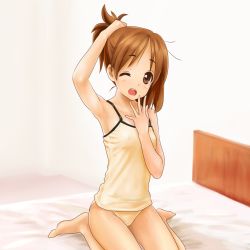 00s 1girl armpits barefoot bed brown_eyes brown_hair bunching_hair cameltoe camisole covered_erect_nipples flat_chest highres hirasawa_ui k-on! koumo nipples one_eye_closed panties see-through short_hair solo underwear underwear_only wink yawning yellow_panties rating:Questionable score:64 user:danbooru