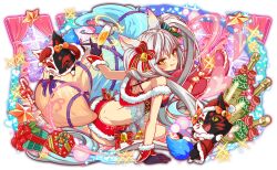  1girl 2others :p animal_ears artist_request bell bikini bottle bow candy candy_cane christmas colorful crash_fever ear_ribbon food fox fox_ears fox_tail full_body gift gloves grey_hair hat kitsune looking_at_viewer multicolored_background multiple_others official_art outline red_outline ribbon santa_bikini santa_costume santa_gloves santa_hat senko_(crash_fever) simple_background swimsuit tail third-party_source tongue tongue_out transparent_background twintails two-tone_fur yellow_eyes 