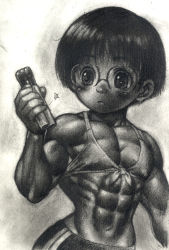 abs androgynous apyoapyo flat_chest gender_request glasses loli makki_(apyoapyo) monochrome muscular short_hair rating:Questionable score:51 user:Fynneun