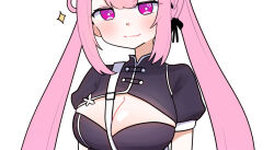  1girl alternate_breast_size black_dress black_ribbon blush braid breasts china_dress chinese_clothes cleavage closed_mouth commentary dress hair_ribbon huge_breasts indie_virtual_youtuber looking_at_viewer mikeneko_(vtuber) mikeneko_(vtuber)_(3rd_costume) pink_eyes pink_hair ribbon sakana_(saka11205) short_sleeves simple_background single_hair_ring smile solo star_(symbol) star_in_eye symbol_in_eye twintails virtual_youtuber white_background 