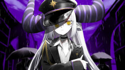  1girl 2others aiguillette alternate_costume black_choker black_hat black_jacket black_nails choker collarbone collared_shirt demon_girl demon_horns flat_chest grey_hair hashtag-only_commentary hat highres holding_own_arm hololive horns inumata_ichini jacket la+_darknesss lapels large_horns long_hair looking_at_viewer multiple_others notched_lapels official_art parted_lips peaked_cap pointy_ears purple_horns rain shirt sidelocks sleeves_past_wrists solo_focus star_(symbol) star_choker straight-on striped_horns upper_body virtual_youtuber white_shirt yellow_eyes 