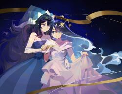  2girls blue_dress blue_eyes blue_hair breasts cookie_run cookie_run:_kingdom dress eye_contact hairstyle_connection hand_on_another&#039;s_waist hat highres holding_hands humanization long_hair looking_at_another moonlight_cookie multiple_girls official_alternate_costume official_alternate_hairstyle ribbon sea_fairy_cookie sea_fairy_cookie_(rippling_moonlight) shime52631 standing very_long_hair water white_dress yuri 