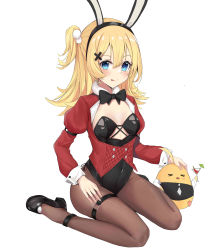 1girl :q abercrombie_(azur_lane) abercrombie_(mischief_on_the_rocks)_(azur_lane) absurdres animal_ears azur_lane bird black_footwear black_leotard blonde_hair blue_eyes bow bowtie breasts chick cleavage commentary_request fake_animal_ears hair_between_eyes hair_bobbles hair_ornament hairband high_heels highres kuyoumi leotard long_hair long_sleeves looking_at_viewer manjuu_(azur_lane) official_alternate_costume one_side_up pantyhose playboy_bunny rabbit_ears sidelocks simple_background sitting strapless strapless_leotard tongue tongue_out wariza white_background wrist_cuffs x_hair_ornament rating:Sensitive score:13 user:danbooru
