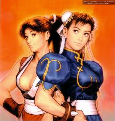 2girls bracelet breasts brown_eyes brown_hair bun_cover capcom china_dress chinese_clothes chun-li cleavage double_bun dress earrings fatal_fury fingerless_gloves gloves hair_bun hair_tie hand_on_own_hip japanese_clothes jewelry long_hair mori_toshiaki multiple_girls official_art pelvic_curtain ponytail puffy_sleeves sash shiranui_mai short_hair simple_background sleeveless smile snk spiked_bracelet spikes standing street_fighter the_king_of_fighters rating:Sensitive score:32 user:danbooru