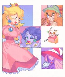  4girls blonde_hair breasts brown_gloves cake collared_shirt colored_skin crown dress earrings flurrie food gloves goombella grin highres ice_cream inkerton-kun jewelry large_breasts long_hair mario_(series) multiple_girls necklace nintendo one_eye_closed open_mouth own_hands_together paper_mario paper_mario:_the_thousand_year_door personification pink_dress pink_hair pointy_ears princess_peach purple_skin shirt smile sundae vivian_(paper_mario) white_gloves 