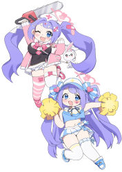  1girl asymmetrical_legwear black_dress blue_archive blue_eyes blush breasts chainsaw cheering cheerleader dress fang frilled_dress frills full_body hair_ornament halo hanae_(blue_archive) hanae_(cheer_squad)_(blue_archive) hat highres holding holding_chainsaw holding_pom_poms jacket large_breasts long_hair long_sleeves mismatched_legwear multiple_views navel nemo_(leafnight) nurse_cap official_alternate_costume one_eye_closed open_clothes open_jacket open_mouth pink_footwear pink_halo pink_jacket pleated_skirt pom_pom_(cheerleading) pom_poms purple_hair shoes simple_background skin_fang skirt smile striped_clothes striped_thighhighs thighhighs twintails white_background white_hat white_skirt white_thighhighs x_hair_ornament 