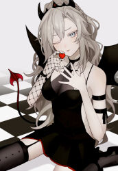  1girl bare_shoulders black_dress black_tiara braid breasts candy checkered_floor chocolate chocolate_heart demon_girl demon_horns demon_tail demon_wings dress fate/grand_order fate_(series) fishnet_gloves fishnets food french_braid gloves grey_eyes hand_on_own_chest heart highres holding horns kriemhild_(fate) kriemhild_(love_delusion)_(fate) large_breasts licking long_hair looking_at_viewer mole mole_under_eye one_eye_closed pale_skin ponytail sitting solo sumi_(gfgf_045) tail thighhighs thighs tiara tongue tongue_out white_hair wings 