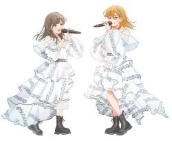  2girls ankle_boots black_footwear boots brown_eyes brown_hair clothing_cutout commentary_request date_sayuri dress free_flight_(love_live!) full_body hair_ornament highres holding holding_microphone layered_dress long_sleeves looking_at_another love_live! love_live!_superstar!! medium_hair microphone multiple_girls music open_mouth orange_hair print_dress purple_eyes shibuya_kanon shoulder_cutout singing staff_(music) standing swept_bangs wabe417 white_background white_dress 