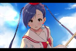  1girl aika_granzchesta andanden aria_(manga) asymmetrical_bangs blue_hair blue_sky bow bowtie braid brown_eyes cloud cloudy_sky collarbone day earrings highres himeya_company_uniform holding holding_oar jewelry lens_flare letterboxed long_hair oar open_mouth outdoors red_bow red_bowtie red_headwear sailor_collar signature sky solo twin_braids upper_body 
