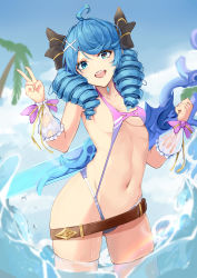 1girl :d absurdres ahoge alternate_costume bare_shoulders beach belt bikini black_bow blue_hair bow breasts brown_belt cowboy_shot day drill_hair green_eyes groin gwen_(league_of_legends) hair_bow hair_ornament hand_up highres holding holding_scissors holding_weapon league_of_legends long_hair medium_breasts navel open_mouth outdoors oversized_object pink_bikini revival scissors smile solo swimsuit teeth twin_drills twintails upper_teeth_only v water weapon x_hair_ornament rating:Sensitive score:16 user:danbooru