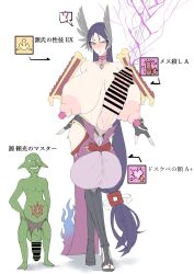  1boy 1girl breasts censored chain closed_mouth fate/grand_order fate_(series) futanari goblin goblin_male huge_breasts japanese_text ky. long_hair minamoto_no_raikou_(fate) mosaic_censoring penis purple_eyes purple_hair smile text_focus translation_request 