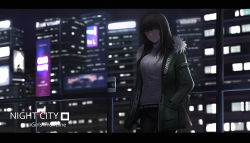  1girl bad_id bad_pixiv_id black_pants brown_eyes brown_hair city city_lights closed_mouth copyright_name cyberpunk_(series) cyberpunk_2077 english_text fur-trimmed_jacket fur_trim girls&#039;_frontline green_jacket hands_in_pockets highres jacket letterboxed long_hair looking_at_viewer m4a1_(girls&#039;_frontline) multicolored_hair night open_clothes open_jacket pants selcky solo standing sweater white_sweater  rating:Sensitive score:9 user:danbooru