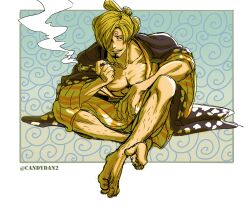  1boy absurdres alternate_hairstyle barefoot blonde_hair collarbone curly_eyebrows facial_hair full_body goatee highres holding holding_smoking_pipe japanese_clothes kimono leg_hair lotus_position male_focus male_underwear male_underwear_peek official_alternate_costume one_piece pectorals rita_ya sanji_(one_piece) short_hair sitting smirk smoke smoking_pipe solo striped_clothes striped_kimono stubble swept_bangs teeth toned toned_male twitter_username underwear yellow_kimono 