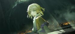  1girl arm_at_side arm_warmers blonde_hair brown_shirt cave city crying crying_with_eyes_open dark es-ther former_capital from_side green_eyes house light_rays looking_afar medium_hair mizuhashi_parsee non-web_source official_art parted_lips pointy_ears purple_skirt scarf scenery second-party_source shirt skirt solo tears tears_from_one_eye touhou touhou_gensou_eclipse underground white_scarf 