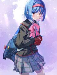  1girl akayama_yukihe bag black_bag black_jacket blue_hair blush bow brooch brown_eyes closed_mouth collared_shirt commentary_request cowboy_shot day eyes_visible_through_hair frown grey_skirt hair_between_eyes hairband hands_up highres holding holding_bag jacket jewelry jitome little_busters! long_sleeves looking_at_viewer miniskirt nishizono_mio outdoors pink_bow plaid plaid_skirt pleated_skirt red_hairband shirt short_hair shoulder_bag sidelighting skirt solo straight_hair white_shirt 