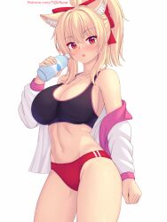 1girl animal_ear_fluff animal_ears blonde_hair blush bottle breasts buruma cat_ears cat_girl cowboy_shot fang high_ponytail highres impossible_clothes jacket large_breasts long_hair looking_at_viewer navel nottytiffy open_clothes open_jacket original patreon_username red_buruma red_eyes slit_pupils solo sports_bra tiffy_(nottytiffy) water_bottle watermark web_address white_background 