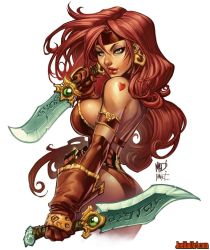  1girl ass battle_chasers breasts green_eyes heart heart_tattoo highres joe_madureira large_breasts long_hair mark_taduran ponytail red_hair red_monika tattoo  rating:Questionable score:15 user:Kal1383
