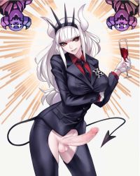  1girl alcohol arm_under_breasts ban!_(bansankan) black_jacket black_necktie black_pants black_tail breasts business_suit collared_shirt cowboy_shot crotchless crotchless_pants cup demon_girl demon_horns demon_tail drinking_glass erection formal full-package_futanari futanari gloves hair_ornament head_tilt heart helltaker highres holding holding_cup horns jacket large_breasts long_hair long_sleeves looking_at_viewer lucifer_(helltaker) medium_breasts mole mole_under_eye monster_girl necktie neckwear_request pants penis red_eyes red_shirt shirt simple_background smile smirk solo suit tail testicles third-party_edit uncensored upper_body veins veiny_penis very_long_hair white_background white_gloves white_hair white_horns wine wine_glass  rating:Explicit score:68 user:KaraKara