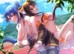  2girls absurdres animal_ear_fluff animal_ears armpit_crease assisted_stretching back-to-back bare_shoulders bike_shorts black_jacket blue_bra blue_hair blue_shorts blue_sky blue_sports_bra bra breasts brown_hair cat_ears cat_tail cleavage cloud commentary commission fence floating_hair flying_sweatdrops from_side green_eyes hair_between_eyes hair_floating_upwards high_ponytail highres jacket large_breasts leaf leg_up locked_arms long_hair looking_at_another medium_breasts mountain mountainous_horizon multicolored_bra multicolored_clothes multicolored_shorts multicolored_sports_bra multiple_girls off-shoulder_jacket off_shoulder open_mouth orange_bra orange_shorts orange_sports_bra orange_trim original pantyhose pantyhose_under_shorts parted_lips red_eyes shorts sideboob sidelocks skeb_commission sky sports_bra stretching sweat tail teeth track_and_field tree underwear very_long_hair white_bra white_shorts white_sports_bra yayoi_maka 