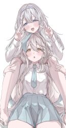  2girls :d :o absurdres barefoot between_legs blue_eyes blue_hairband blue_necktie blue_skirt braid brown_eyes collared_shirt double-parted_bangs double_v foot_out_of_frame grey_hair hair_between_eyes hairband hands_on_another&#039;s_leg heart heart_in_eye highres karya light_blush long_hair looking_at_viewer mole mole_under_eye multiple_girls necktie necktie_on_head open_mouth original pleated_skirt school_uniform shirt shirt_tucked_in side_braid simple_background skirt smile symbol_in_eye toes v very_long_hair white_background white_hair white_shirt 