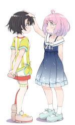  2girls :d :o absurdres ahoge arm_behind_back arms_behind_back bare_arms black_hair blue_dress collarbone commentary crescent_print dress full_body green_eyes hand_on_another&#039;s_head headpat highres himemori_luna himemori_luna_(sundress) hololive k-go looking_at_another multiple_girls oozora_subaru oozora_subaru_(1st_costume) open_mouth pink_hair shirt short_hair short_sleeves shorts simple_background sleeveless sleeveless_dress smile socks standing striped_clothes striped_shirt thigh_strap tied_shirt vertical-striped_clothes vertical-striped_shirt virtual_youtuber white_background white_socks  rating:General score:8 user:danbooru