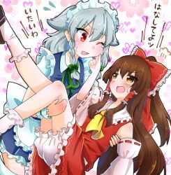  2girls apron ascot back_bow bloomers blue_dress blush bow braid brown_eyes brown_hair carrying cheek_pinching commentary_request detached_sleeves dress eye_contact flower frilled_bow frilled_hair_tubes frills green_bow grey_hair hair_bow hair_tubes hakurei_reimu heart izayoi_sakuya long_hair looking_at_another maid maid_apron maid_headdress multiple_girls one_eye_closed open_mouth pinching princess_carry red_bow red_eyes red_skirt ribbon-trimmed_sleeves ribbon_trim skirt skirt_set smile sweatdrop tanikake_yoku tears touhou translation_request twin_braids underwear waist_apron white_bloomers white_bow yellow_ascot yuri 