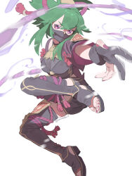  1girl black_gloves black_shirt black_shorts breasts crop_top cropped_jacket genshin_impact gloves green_eyes highres jacket kuki_shinobu looking_at_viewer mask mouth_mask ninja_mask outstretched_arm partially_fingerless_gloves pink_nails purple_eyes purple_jacket raneblu reaching reaching_towards_viewer rope shimenawa shirt short_shorts shorts small_breasts solo toeless_footwear toes twitter_username v-shaped_eyebrows white_background 