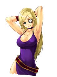  1girl absurdres akamaru armpits arms_behind_head arms_up b.jenet blonde_hair blush breasts cleavage dress eyepatch fatal_fury garou:_mark_of_the_wolves green_eyes highres jenet_behrn large_breasts long_hair pirate skull smile snk solo the_king_of_fighters  rating:Sensitive score:11 user:spk