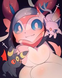 black_eyes blue_sclera bow closed_mouth colored_sclera creatures_(company) espeon forehead_jewel forked_tail game_freak gen_2_pokemon gen_6_pokemon haram_pokemon markings nintendo no_humans pokemon pokemon_(creature) purple_sclera red_sclera ribbon sylveon tail umbreon white_eyes wings