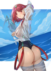 1girl absurdres arm_up ass bad_id bad_pixiv_id black_one-piece_swimsuit blue_sky breasts cloud day earrings highres huge_ass jewelry large_breasts looking_back nintendo o2_(rin617) ocean one-piece_swimsuit open_mouth partially_submerged pyra_(xenoblade) red_eyes red_hair see-through shirt short_hair sky solo swept_bangs swimsuit thick_thighs thighs tiara wading water wet wet_hair white_shirt wide_hips xenoblade_chronicles_(series) xenoblade_chronicles_2 rating:Questionable score:20 user:danbooru