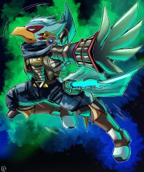 1boy alternate_costume alternate_eye_color armor aura beak bird bird_boy bird_tail bird_wings blue_gemstone blue_scarf boots corruption crescent crossover dark_persona facial_tattoo falco_lombardi fierce_deity fire flying furry gem glowing hal_laboratory highres jacket long_sleeves looking_to_the_side looking_up male_focus multicolored_fur nintendo no_pupils open_clothes open_jacket pants possessed possession reflector_(star_fox) scarf smile star_fox stoic_seraphim super_smash_bros. tail tattoo the_legend_of_zelda the_legend_of_zelda:_majora&#039;s_mask triangle white_eyes wings wrist_guards