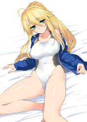  1girl ahoge artoria_pendragon_(fate) artoria_pendragon_(lancer)_(fate) bare_shoulders blonde_hair blue_jacket blush braid breasts collarbone competition_swimsuit fate/grand_order fate_(series) french_braid green_eyes hair_between_eyes highleg highleg_swimsuit highres jacket large_breasts long_hair long_sleeves looking_at_viewer namonashi one-piece_swimsuit open_clothes open_jacket ponytail sidelocks smile solo swimsuit thighs white_one-piece_swimsuit  rating:Sensitive score:23 user:danbooru