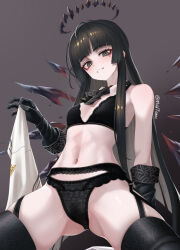  1girl absurdres antenna_hair arknights arm_support armpit_crease artist_name ascot ass bare_arms bare_shoulders black_ascot black_bra black_eyes black_garter_belt black_gloves black_hair black_halo black_panties black_thighhighs black_wings blunt_bangs blurry blurry_background blush bra breasts breasts_apart broken_halo brown_background collarbone colored_inner_hair come_hither commentary cowboy_shot dark_halo depth_of_field detached_wings diamond-shaped_pupils diamond_(shape) energy_wings eyelashes from_below garter_belt gloves gradient_background grey_hair grin halo hand_up highres hime_cut holding holding_clothes holding_jacket jacket lace lace-trimmed_bra lace-trimmed_garter_belt lace-trimmed_panties lace_trim lingerie long_hair looking_at_viewer looking_down mildt mole mole_under_eye multicolored_hair naughty_face navel panties parted_lips shadow sidelocks small_breasts smile solo stomach straight_hair symbol-shaped_pupils teeth thighhighs thighs twitter_username two-tone_hair underwear unworn_jacket very_long_hair virtuosa_(arknights) white_jacket wings yellow_pupils 