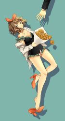  1girl absurdres aqua_background black_eyes bouquet bow breasts brown_hair cleavage female_focus flower flower_request full_body hair_bow high_heels highres holding holding_bouquet leotard orange_footwear pai_(1026508292) plant shoe_dangle shoes simple_background solo_focus vocaloid wavy_hair 