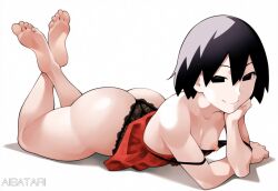  1girl absurdres ai-assisted aigatari artist_name ass bad_tag bare_shoulders barefoot black_eyes black_hair black_panties black_underwear blush bob_cut breasts camisole closed_mouth collarbone crossed_ankles feet feet_up female female_focus foreshortening hair_between_eyes head_rest highres huge_ass lace lace_panties lace_trim legs lingerie looking_at_viewer lying monogatari_(series) nipple_slip nipples no_bra on_stomach oshino_ougi panties shirt short_hair simple_background small_breasts smile soles solo the_pose thighs thong toes underwear white_background 
