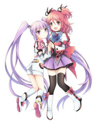 2girls :/ :d black_legwear boots bow brown_eyes brown_hair cheria_barnes full_body hair_bow hair_ornament hair_ribbon holding_hands interlocked_fingers long_hair looking_at_viewer multiple_girls official_alternate_costume open_mouth pleated_skirt purple_eyes purple_hair ribbon short_hair shorts simple_background skirt smile sophie_(tales) soranagi tales_of_(series) tales_of_graces thighhighs twintails two_side_up very_long_hair white_background white_shorts zettai_ryouiki rating:Sensitive score:8 user:danbooru