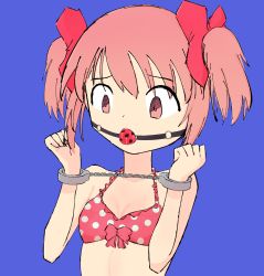  10s ball_gag bdsm bikini blue_background bondage bound bow breasts chain cuffs drooling gag gagged handcuffs hands_up highres kaname_madoka looking_at_object looking_down mahou_shoujo_madoka_magica pink_eyes pink_hair red_bow restrained ribbon saliva scared simple_background small_breasts swimsuit tagme talesofkousoku  rating:Questionable score:7 user:bonbonda