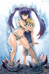  1boy 1girl angry aura bikini black_eyes blonde_hair blue_hair breasts colorized commentary curvy english_commentary fairy_tail flip-flops full_body green_bikini grey_eyes ground_shatter hair_tie highres holding holding_head long_hair medium_breasts navel protecting redrawn sandals serious shiny_skin shorts shoulder_tattoo simple_background smile solo surprised sweat swimsuit tagme tattoo the_golden_smurf thick_thighs thighs twintails very_long_hair wendy_marvell wide_hips  rating:Sensitive score:142 user:danbooru