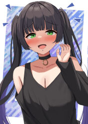  1girl :d alternate_hairstyle amenocchi bare_shoulders black_choker black_hair black_shirt blue_background blunt_bangs blunt_ends blush bocchi_the_rock! breasts chin_piercing choker cleavage clothing_cutout collarbone colored_inner_hair commentary_request green_eyes hand_up highres hime_cut looking_at_viewer multicolored_hair nose_blush notice_lines o-ring o-ring_choker open_mouth pa-san purple_hair raised_eyebrows shirt shoulder_cutout shy sidelocks simple_background sleeves_past_wrists smile solo straight_hair tsurime twintails upper_body 